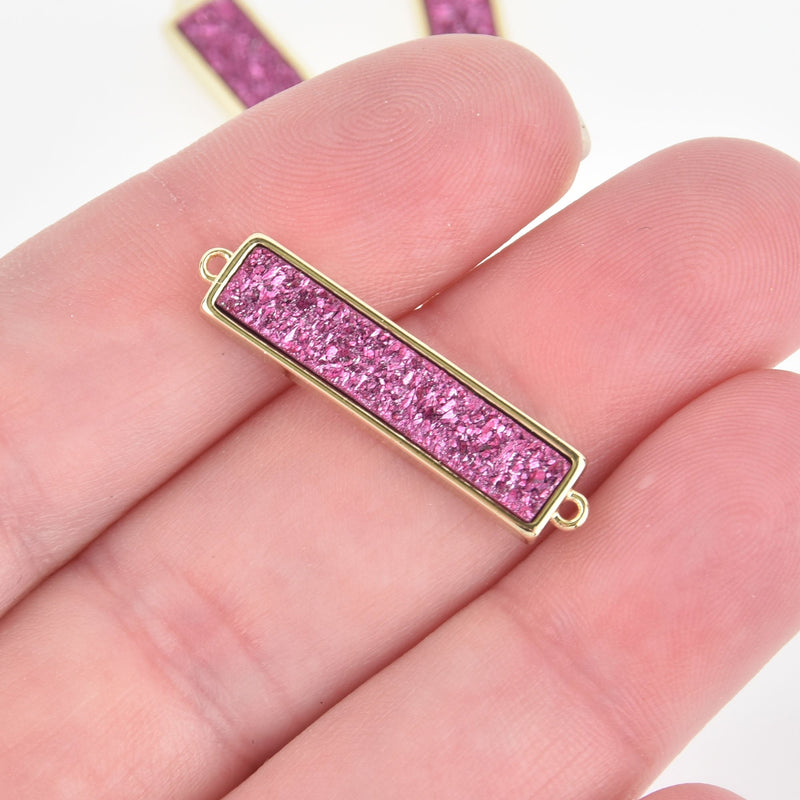 1 PINK IRIS Druzy Bar Charm, Gemstone gold rectangle connector link, end loops, 1.25" chs5709