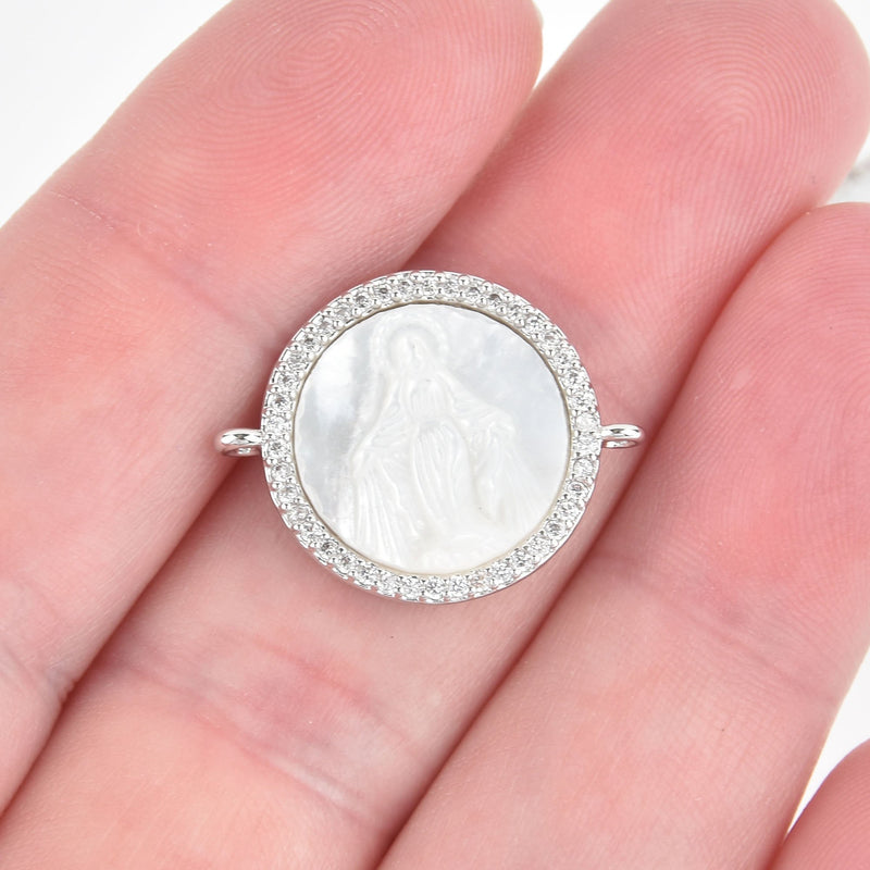 1 Silver Religious Medal Saint Charm, Mother of Pearl Shell, Micro Pave 18mm chs5711