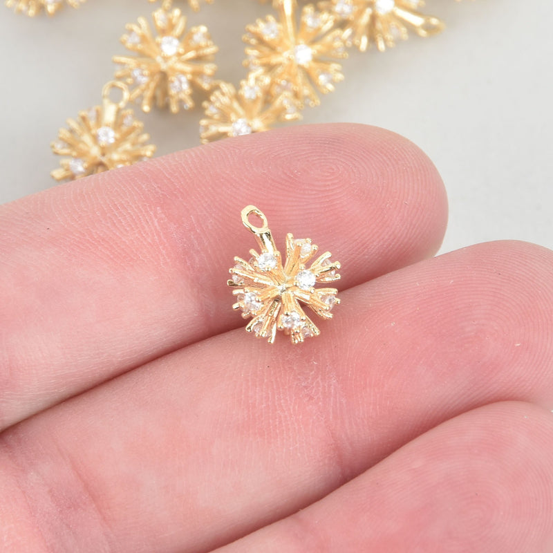 2 Gold SNOWFLAKE Charms, Micro pave crystal ball, CZ cubic zirconia, 10mm, chs5718