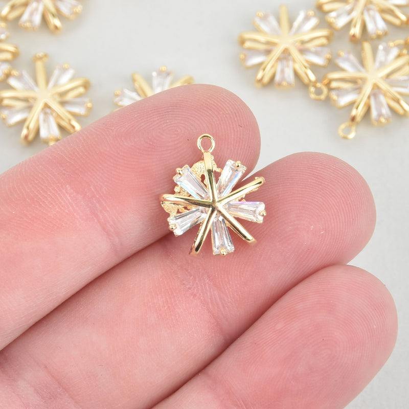 2 Gold SNOWFLAKE Charms, Micro pave crystal, CZ cubic zirconia, 14mm, chs5719