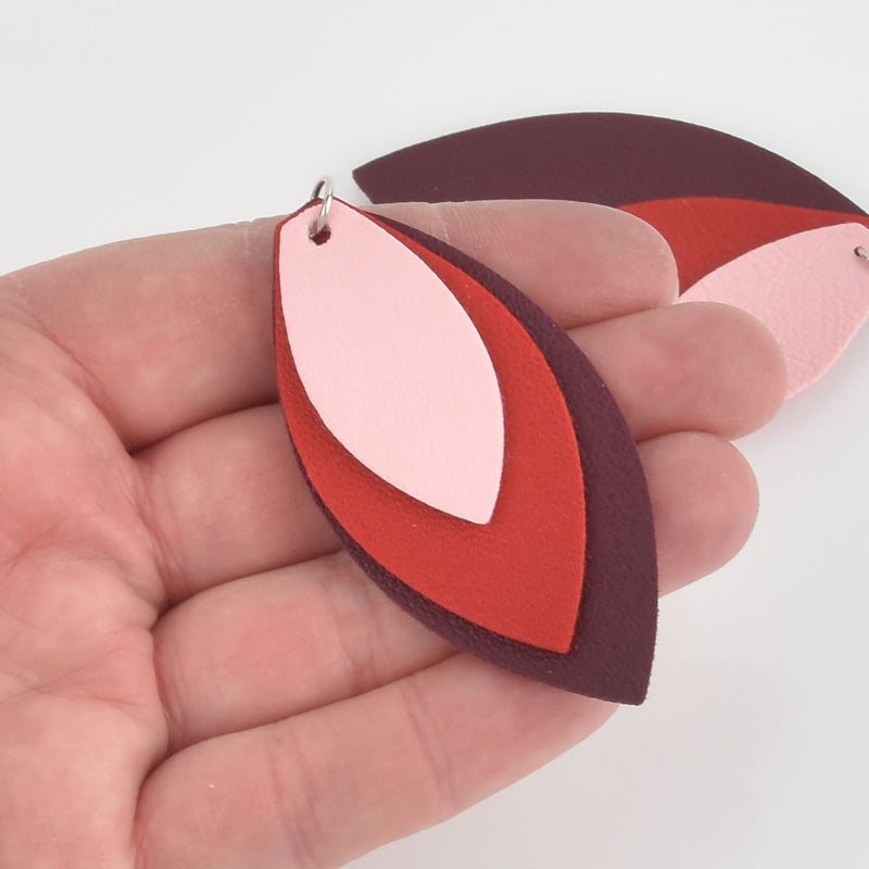 10 Faux Leather Teardrop Charms, MAROON RED PINK, Vegan Leather, 2-3/4" long chs5729