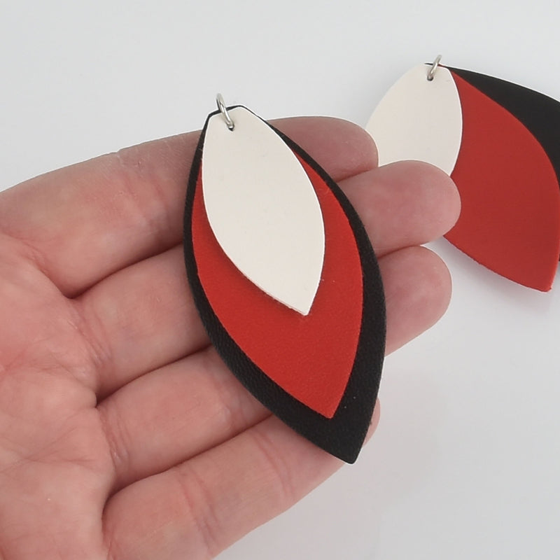 10 Faux Leather Teardrop Charms, MAROON RED WHITE, Vegan Leather, 2-3/4" long chs5731