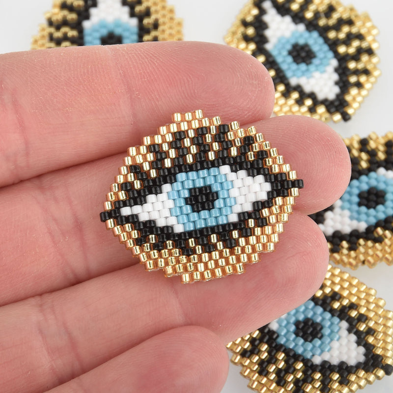 1 Beaded Evil Eye Charm, Gold Miyuki Delica Seed Beads, 30mm chs5733