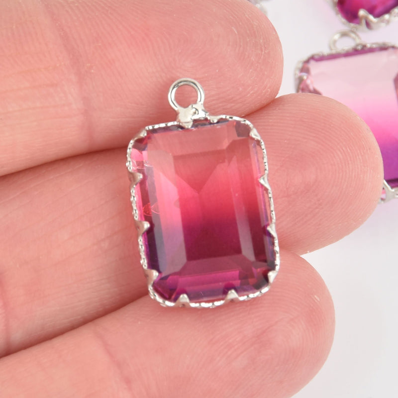 2 Rectangle Glass Charms PINK Faceted Crystal with Silver Prong Bezel, 23x14mm chs5734