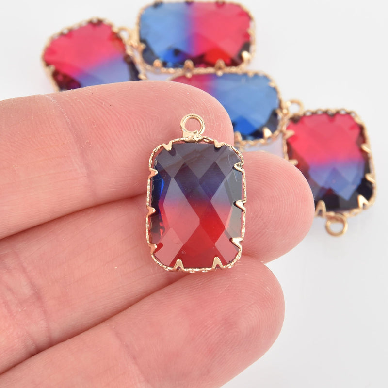 2 Rectangle Glass Charms BLUE RED Faceted Crystal with Gold Prong Bezel, 23x14mm chs5735