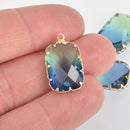2 Rectangle Glass Charms BLUE GREEN Faceted Crystal with Gold Prong Bezel, 23x14mm chs5736