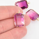 2 Rectangle Glass Charms PINK Faceted Crystal with Gold Prong Bezel, 23x14mm chs5737