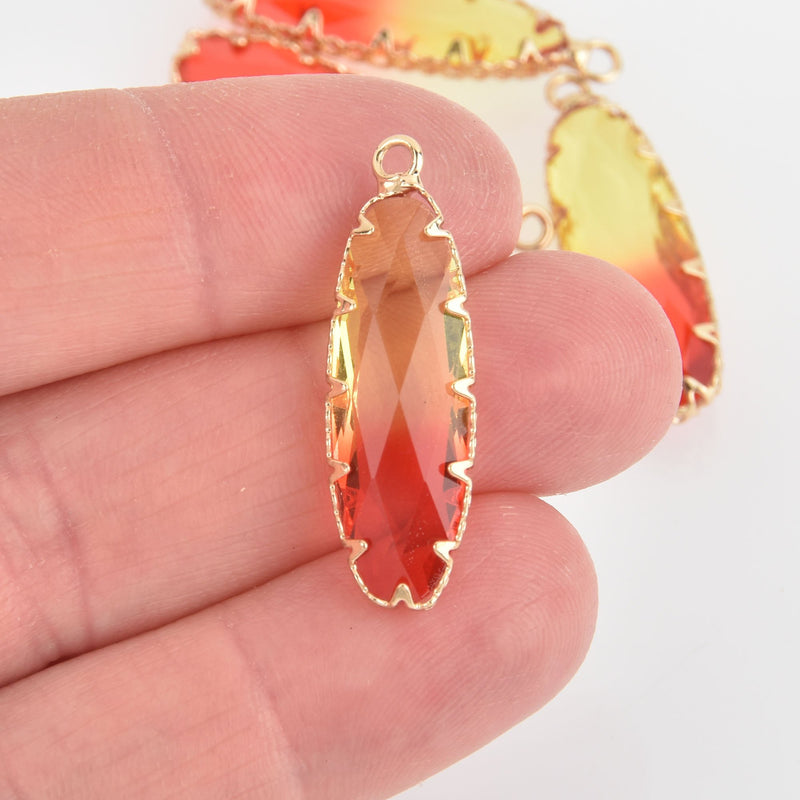2 Marquis Oval Glass Charms RED YELLOW Faceted Crystal with Gold Prong Bezel, 32x10mm chs5740