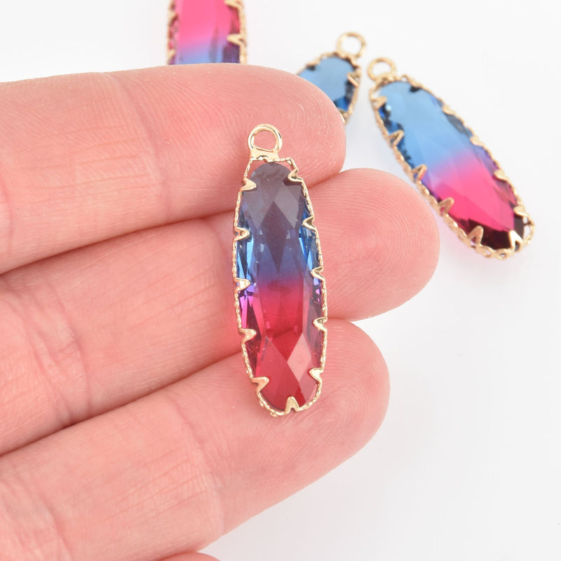 2 Marquis Oval Glass Charms BLUE PINK Faceted Crystal with Gold Prong Bezel, 32x10mm chs5742