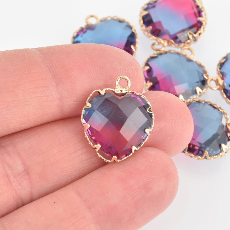 2 Heart Glass Charms PINK BLUE Faceted Crystal with Gold Prong Bezel, 19mm chs5744