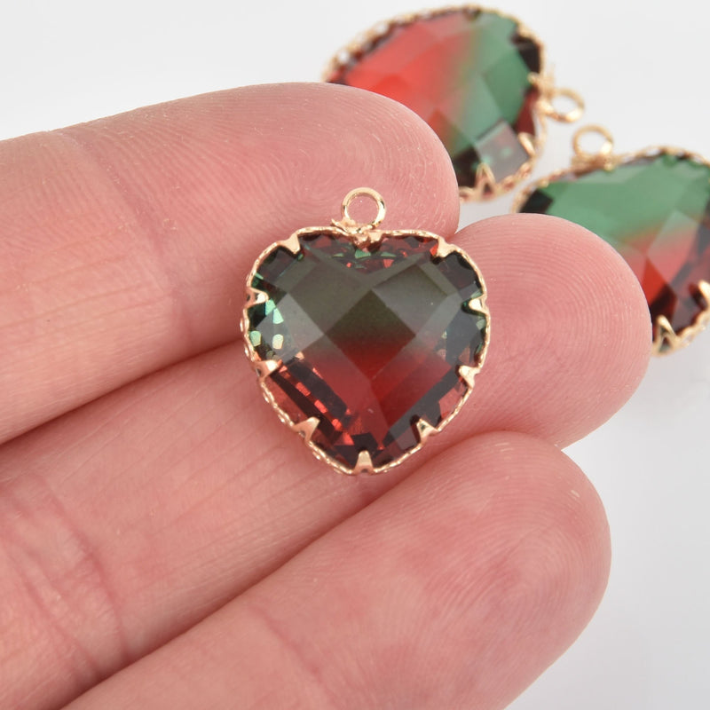 2 Heart Glass Charms ORANGE GREEN Faceted Crystal with Gold Prong Bezel, 19mm chs5745