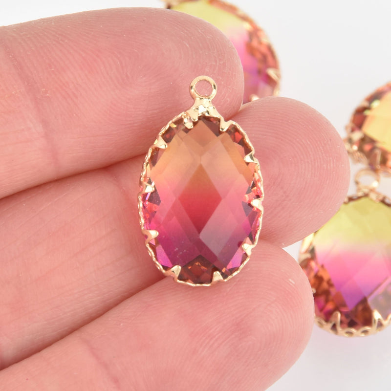 2 Oval Glass Charms PINK YELLOW Faceted Crystal with Gold Prong Bezel, chs5746
