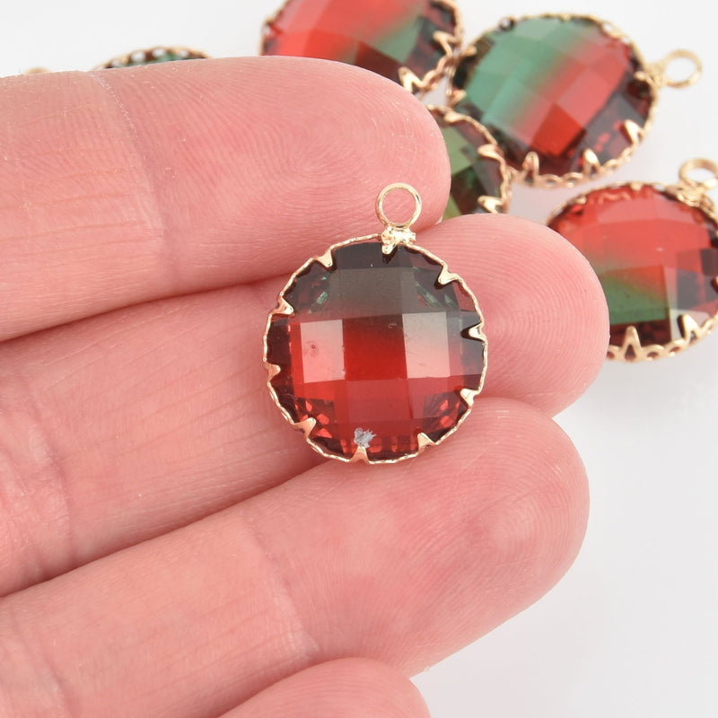 2 Round Glass Charms RED GREEN Faceted Crystal with Gold Prong Bezel, 17mm chs5747