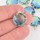 2 Round Glass Charms BLUE GREEN Faceted Crystal with Gold Prong Bezel, 17mm chs5748