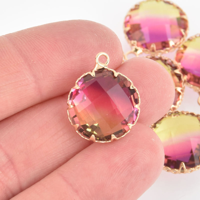 2 Round Glass Charms PINK PURPLE YELLOW Faceted Crystal with Gold Prong Bezel, 17mm chs5749