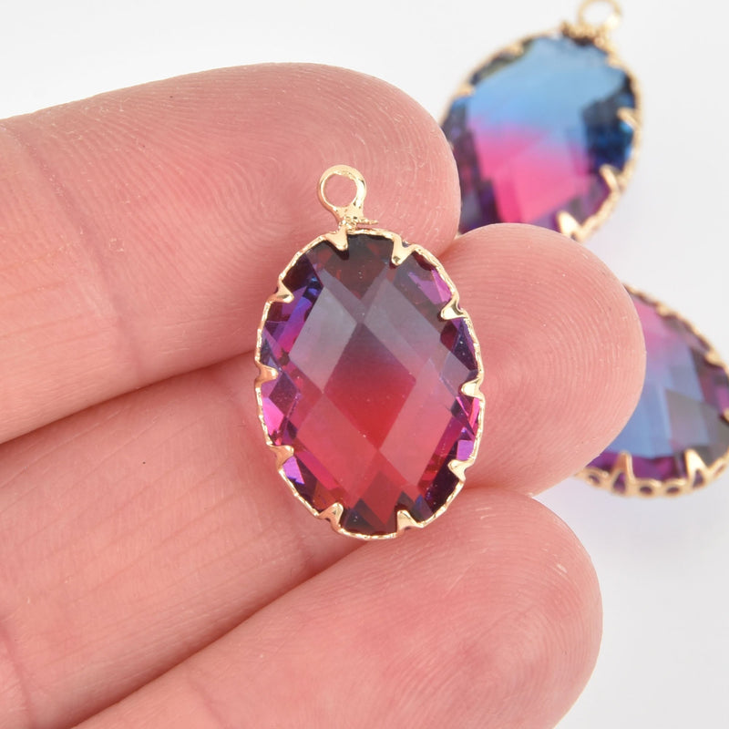 2 Oval Glass Charms BLUE PINK Faceted Crystal with Gold Prong Bezel, chs5750