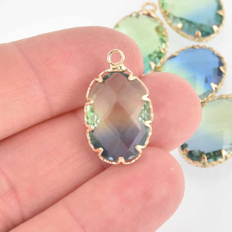 2 Oval Glass Charms BLUE GREEN Faceted Crystal with Gold Prong Bezel, chs5751