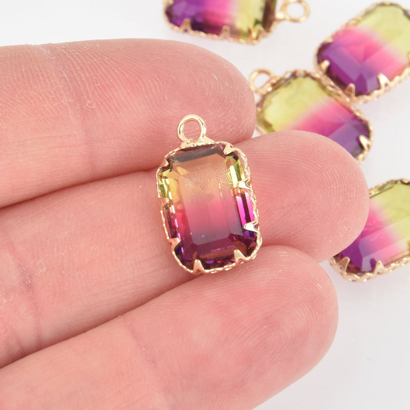 2 Rectangle Glass Charms PURPLE YELLOW Faceted Crystal with Gold Prong Bezel, 19x11mm chs5752