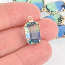 2 Rectangle Glass Charms BLUE GREEN Faceted Crystal with Gold Prong Bezel, 19x11mm chs5753