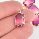 2 Rectangle Glass Charms PINK Faceted Crystal with Gold Prong Bezel, 19x11mm chs5754