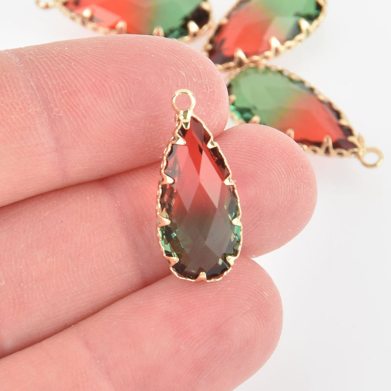 2 Teardrop Glass Charms RED GREEN Faceted Crystal with Gold Prong Bezel, 24mm chs5755