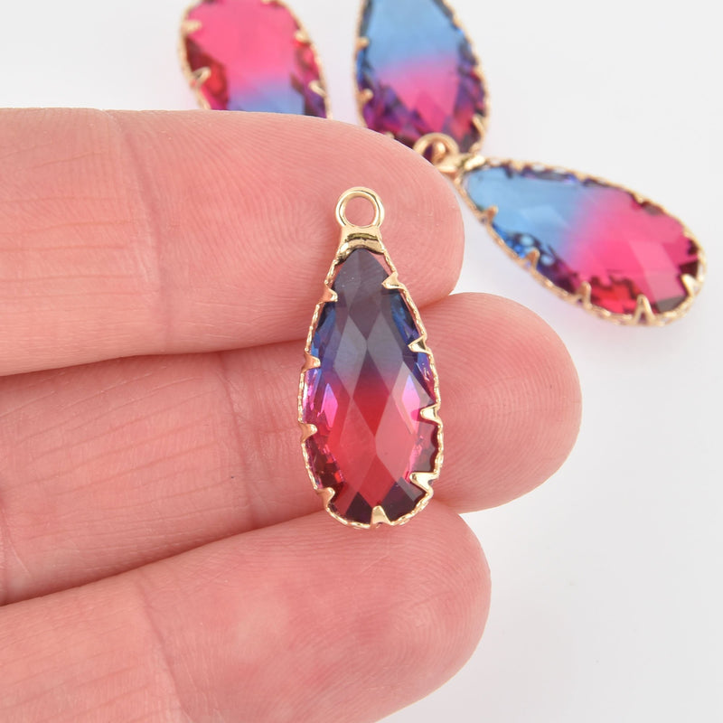 2 Teardrop Glass Charms PINK BLUE Faceted Crystal with Gold Prong Bezel, 24mm chs5756