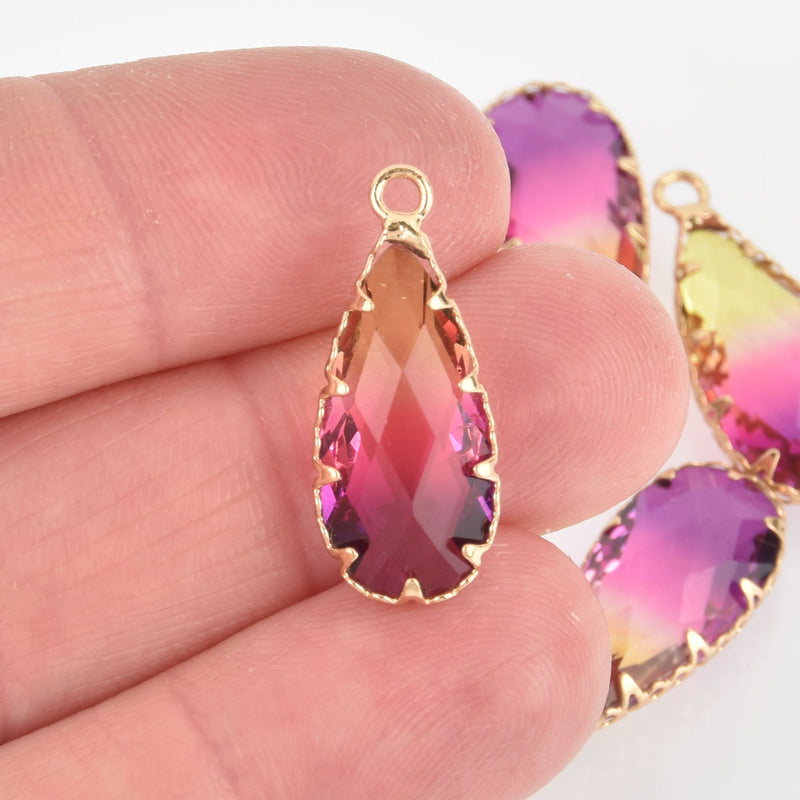 2 Teardrop Glass Charms PURPLE YELLOW Faceted Crystal with Gold Prong Bezel, 24mm chs5757