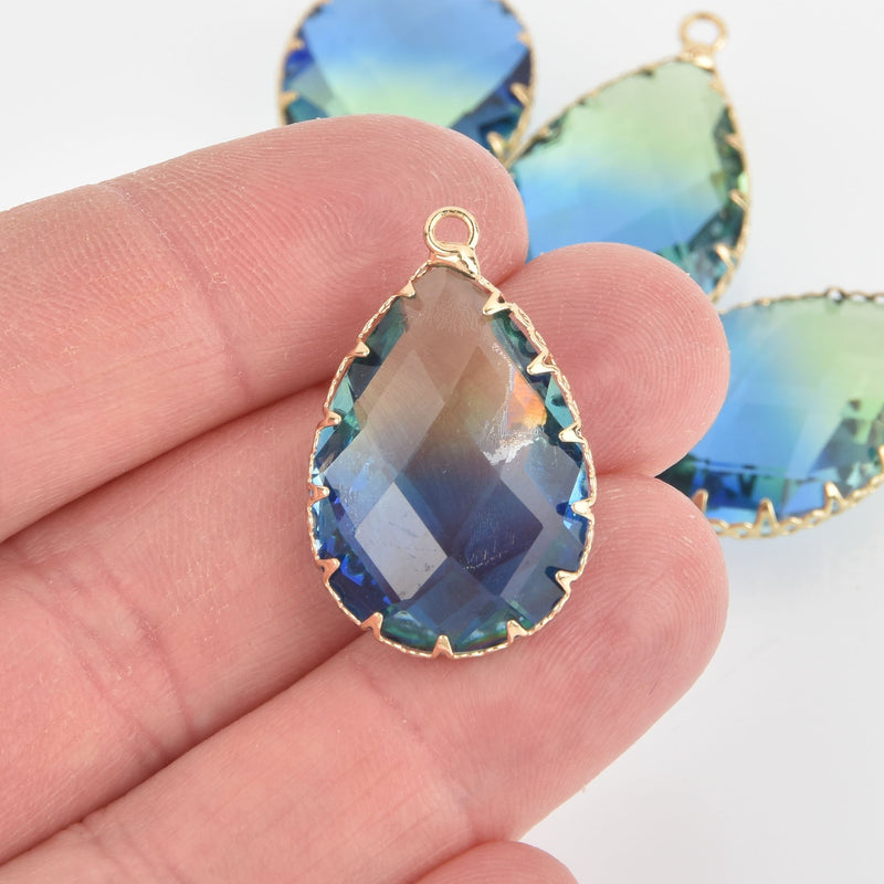 2 Teardrop Glass Charms BLUE GREEN Faceted Crystal with Gold Prong Bezel, 29mm chs5758