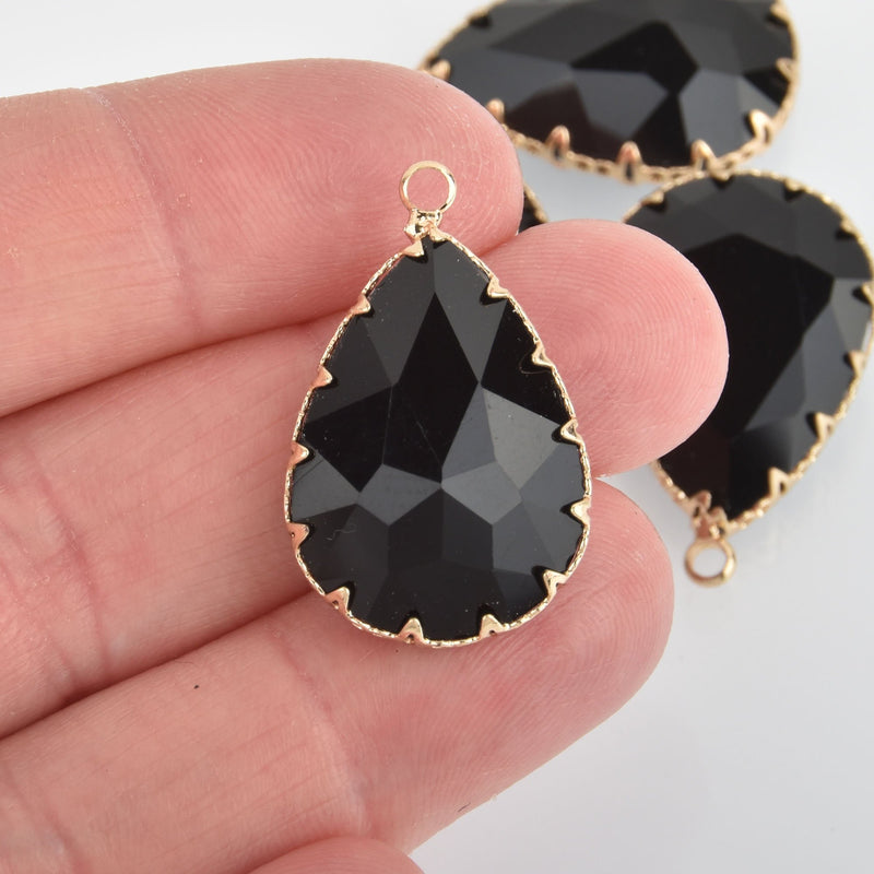 2 Teardrop Glass Charms BLACK Faceted Crystal with Gold Prong Bezel, 29mm chs5759