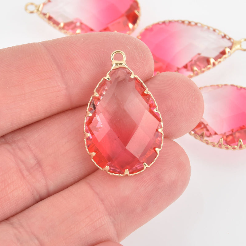 2 Teardrop Glass Charms PINK Faceted Crystal with Gold Prong Bezel, 29mm chs5760