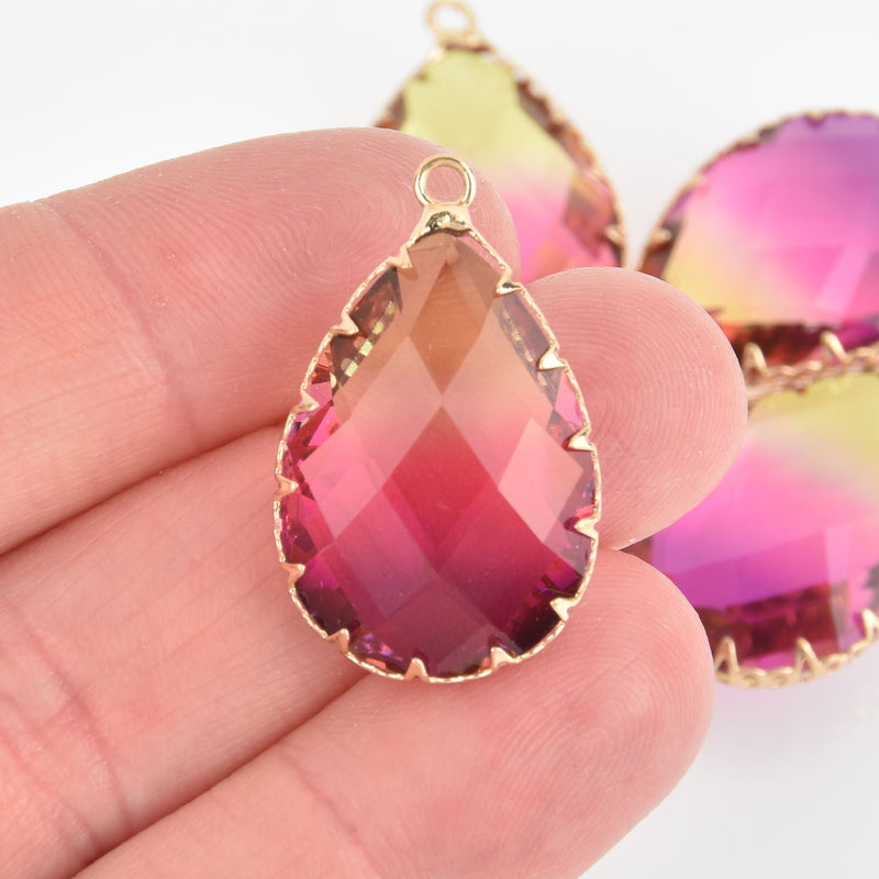 2 Teardrop Glass Charms PINK YELLOW Faceted Crystal with Gold Prong Bezel, 29mm chs5761