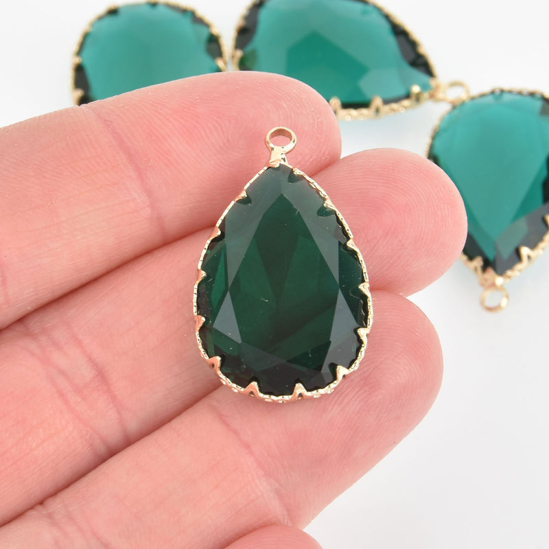 2 Teardrop Glass Charms EMERALD GREEN Faceted Crystal with Gold Prong Bezel, 29mm chs5762