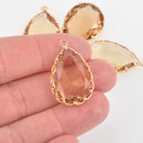 2 Teardrop Glass Charms CHAMPAGNE Faceted Crystal with Gold Prong Bezel, 29mm chs5763