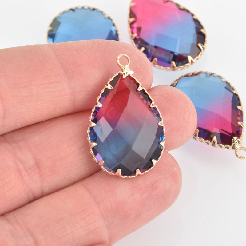 2 Teardrop Glass Charms PINK BLUE Faceted Crystal with Gold Prong Bezel, 29mm chs5764