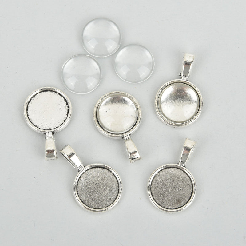 20 sets Silver Charms Glass Cabochon Kits, 14mm Bezel Tray chs5767