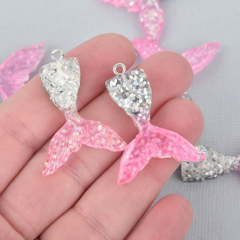10 MERMAID Tail Charms, Glitter Resin with Silver and Pink, 1-3/8" chs5777