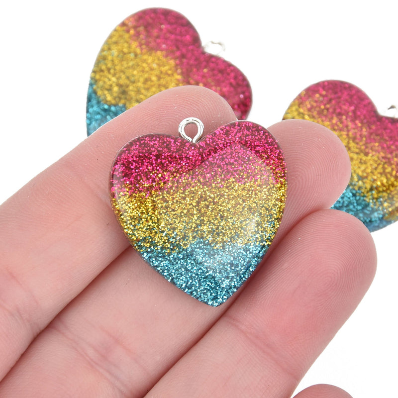 3 Glitter Rainbow Heart Charms, Resin 30mm chs5781