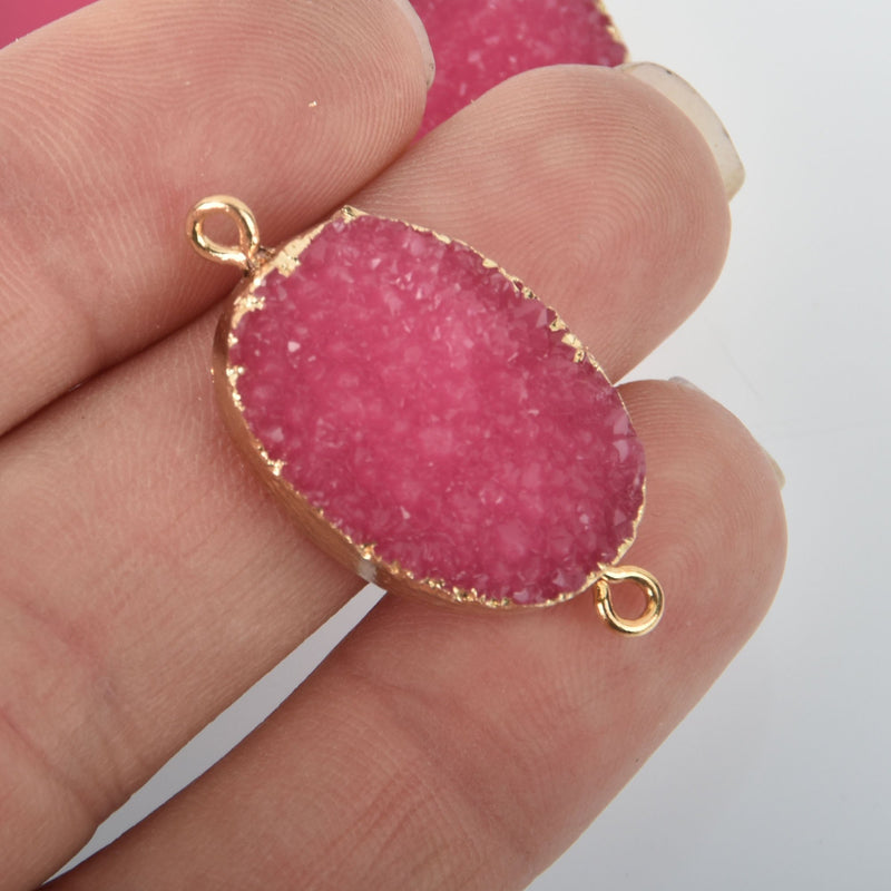 2 HOT PINK Faux Druzy Connector Charms Oval Resin with Gold Plated Bezel 33x17mm chs5783