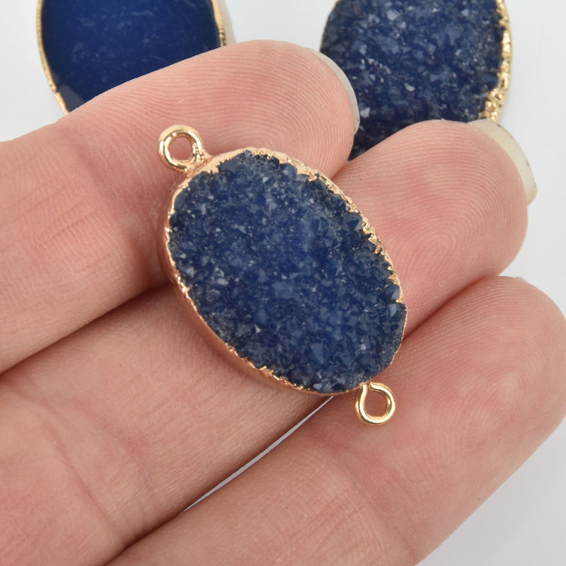 2 NAVY BLUE Faux Druzy Connector Charms Oval Resin with Gold Plated Bezel 33x17mm chs5784