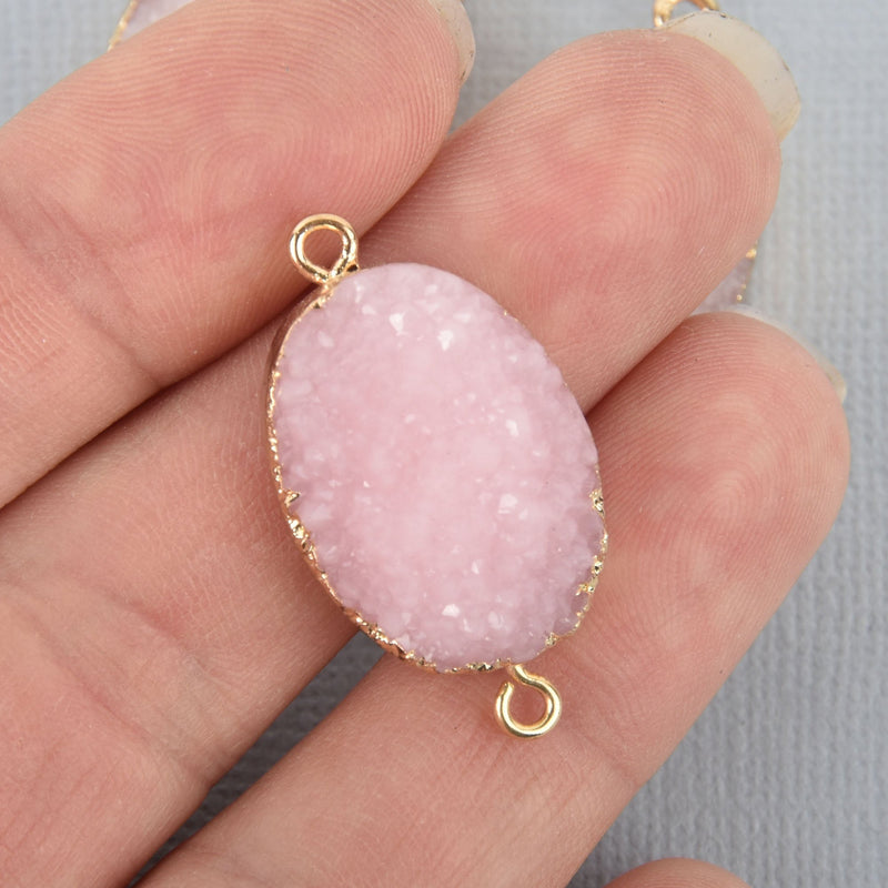 2 BLUSH PINK Faux Druzy Connector Charms Oval Resin with Gold Plated Bezel 33x17mm chs5786