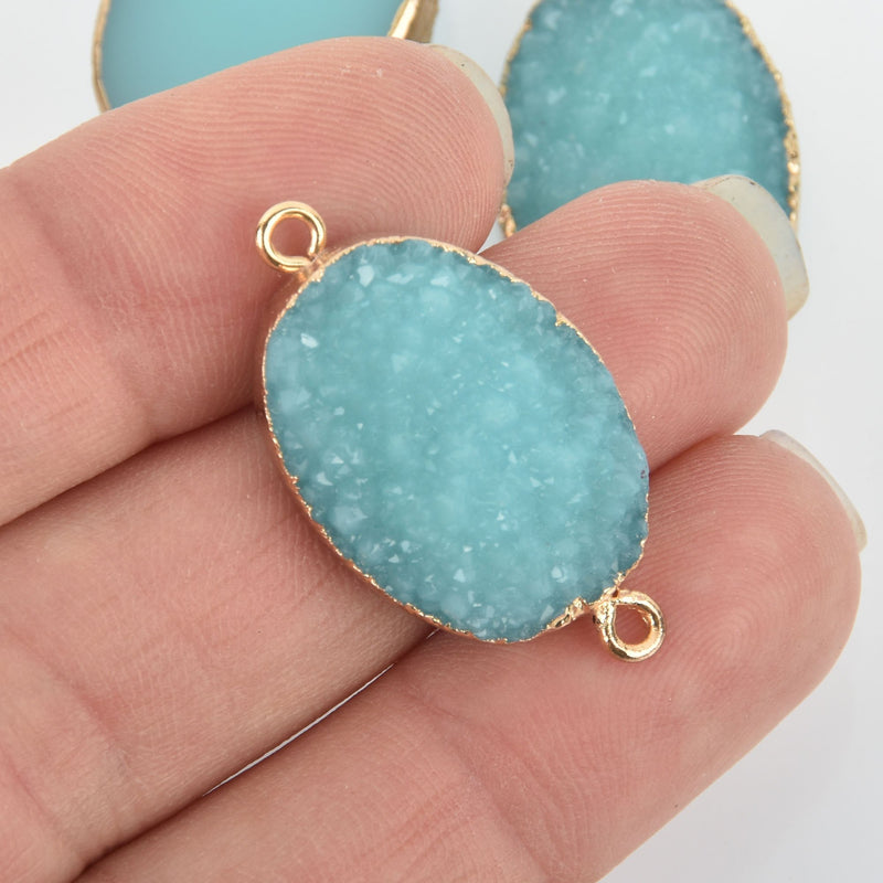 2 TURQUOISE BLUE Faux Druzy Connector Charms Oval Resin with Gold Plated Bezel 33x17mm chs5788