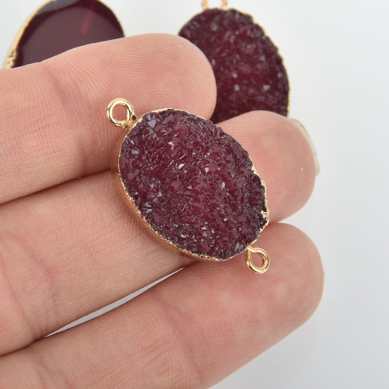 2 MAROON RED Faux Druzy Connector Charms Oval Resin with Gold Plated Bezel 33x17mm chs5789