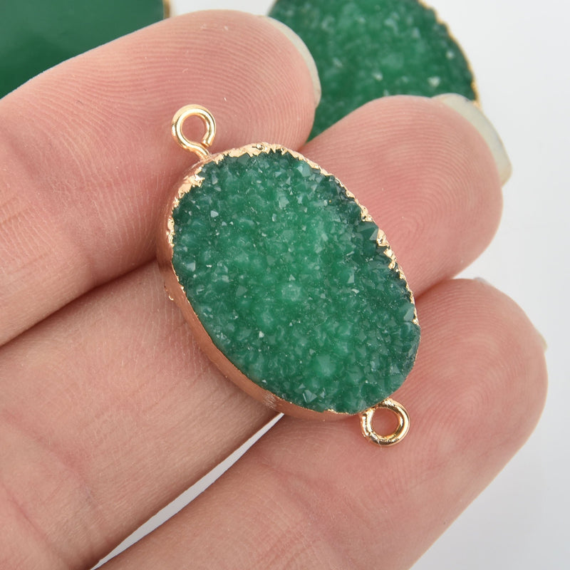 2 EMERALD GREEN Faux Druzy Connector Charms Oval Resin with Gold Plated Bezel 33x17mm chs5790