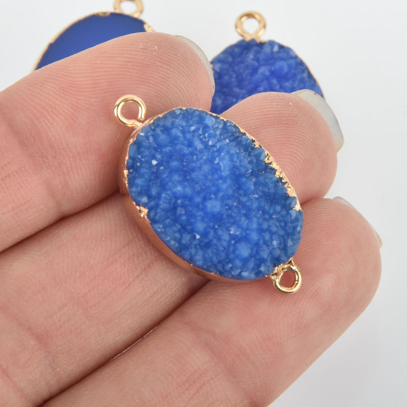 2 ROYAL BLUE Faux Druzy Connector Charms Oval Resin with Gold Plated Bezel 33x17mm chs5791