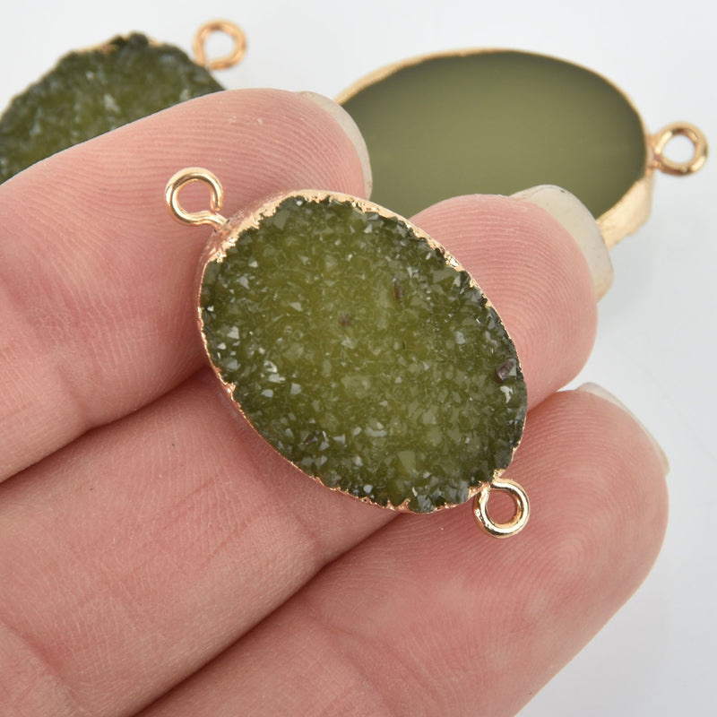 2 OLIVE GREEN Faux Druzy Connector Charms Oval Resin with Gold Plated Bezel 33x17mm chs5792