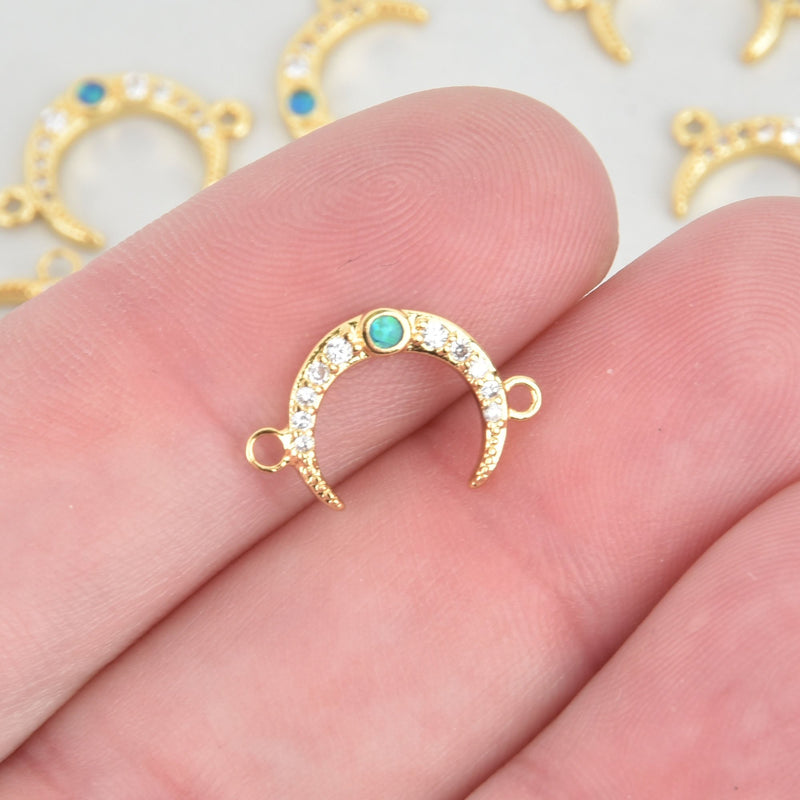 Gold Double Horn Moon Charm, Blue faux opal, Micro Pave Charm 16mm chs5795