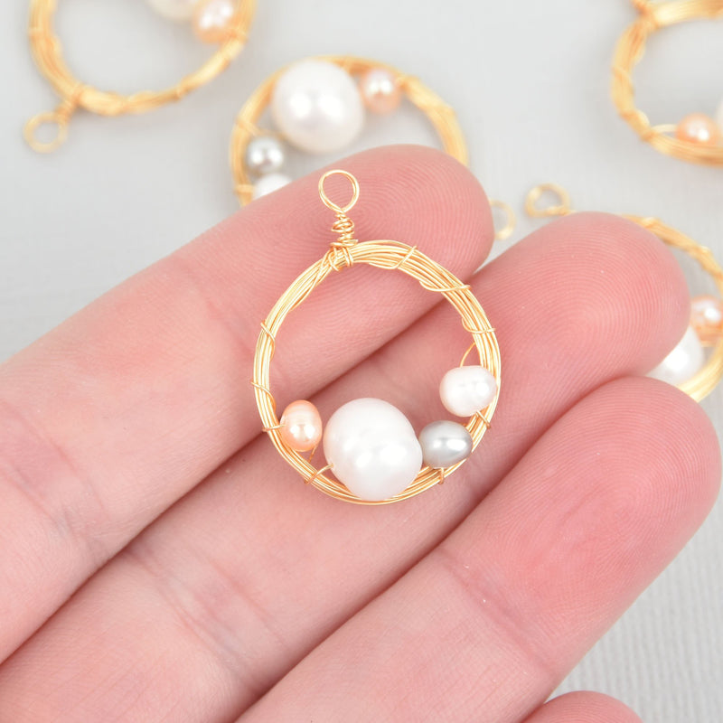 2 Pearl Drop Charms, Gold plated wire wrapped 21mm chs5799