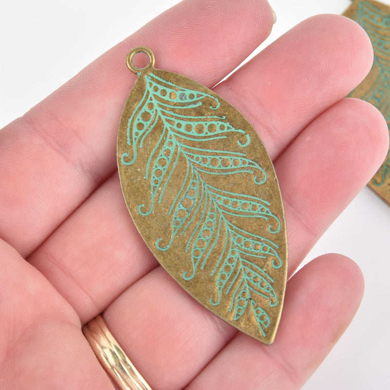 2 Bronze Leaf Charms, Green Verdigris Patina, 2-3/8" long, chs5801