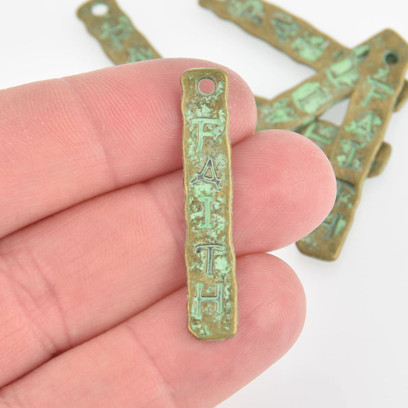 8 Bronze FAITH Hammered Metal Tags, Green Verdigris Patina, bar pendant, chs5843
