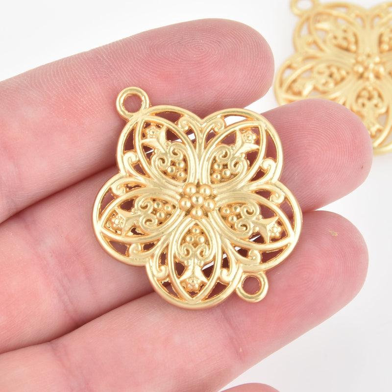 3 Matte Gold Filigree FLOWER Circle 2-hole Connector Charms 38mm chs5844